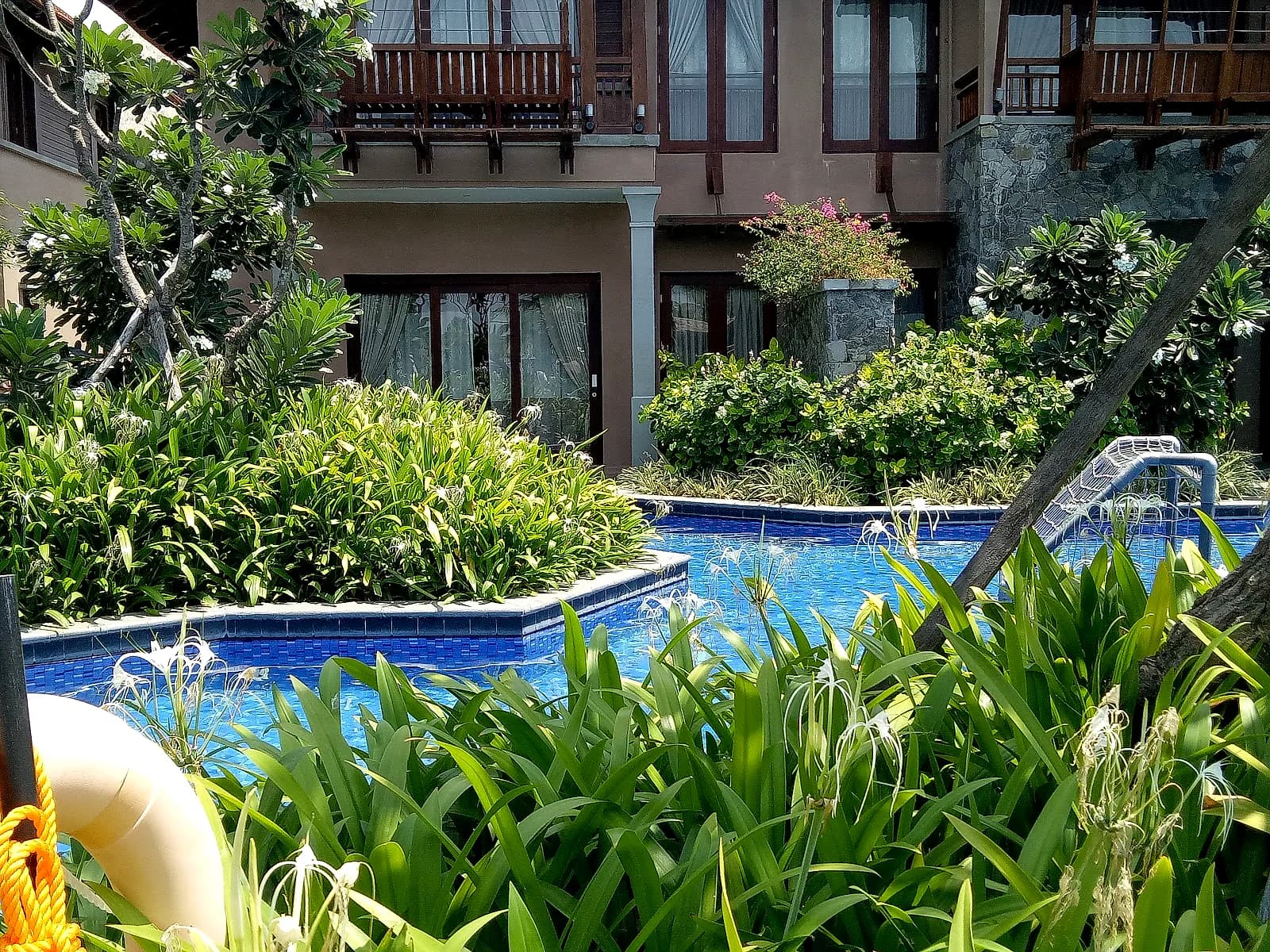 Pool garden with spider lilies and tropical planting at Hotel Anantaya, Pasikuda
