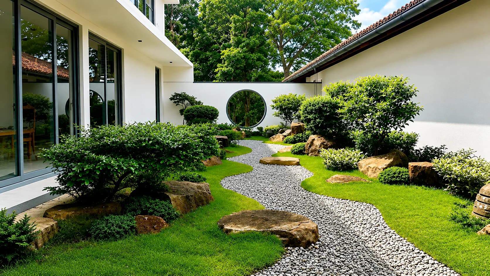 Courtyard garden with a moon gate, stepping stones set into lawn and a gravel path threading between clipped shrubs and boulders